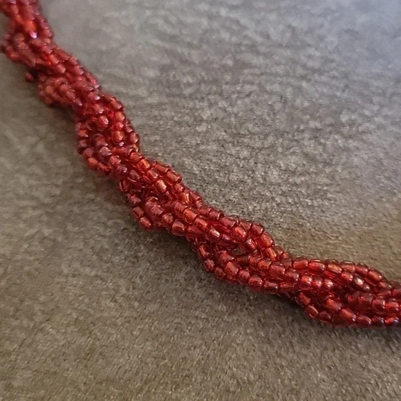 VTG Red Glass Beaded Twisted Braided Bayadere Necklace - Picture 3 of 5